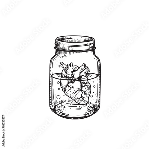 Human heart in glass jar isolated. Hand drawn sketch style drawing. Best for tee print or blackwork tattoo. Vector illustration isolated on white.