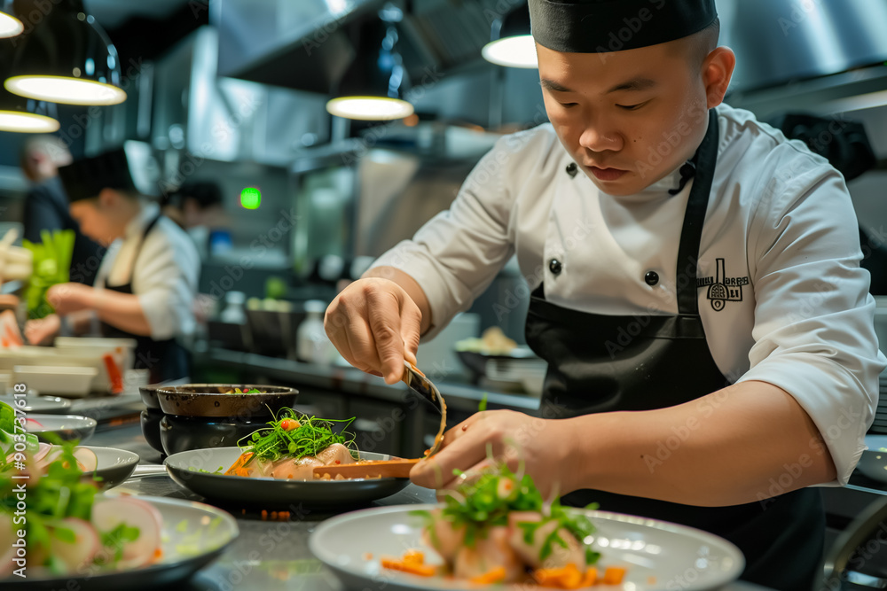 A chef prepares and serves a dish in the restaurant kitchen, showcasing culinary skill and dedication. The scene captures the art of cooking, perfect for highlighting professional kitchen environments A chef prepares and serves a dish in the restaurant kitchen, showcasing culinary skill and dedication. The scene captures the art of cooking, perfect for highlighting professional kitchen environments
