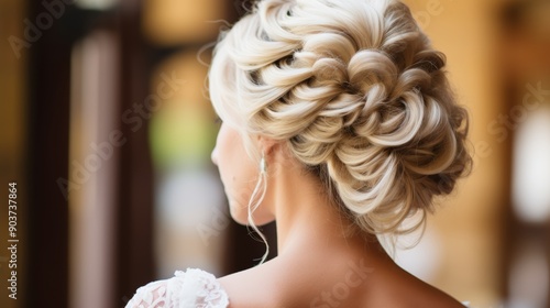 Close up of beautiful bride s hairstyle   wedding hairdresser motif for wedding preparations photo