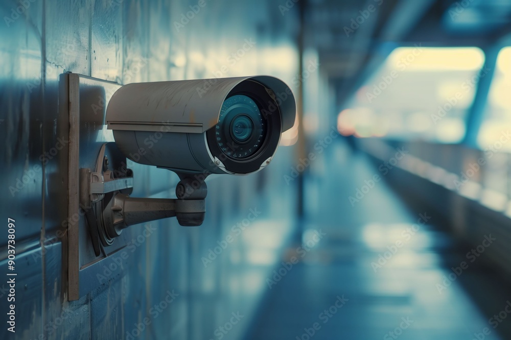 Close-up of a surveillance camera mounted on a wall in a modern, well-lit corridor, ensuring security and monitoring. Close-up of a surveillance camera mounted on a wall in a modern, well-lit corridor, ensuring security and monitoring.