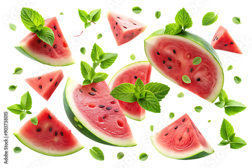 Fresh Watermelon Slices with Vibrant Mint Leaves on White Background - High-Resolution PNG