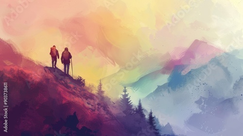 15. Mountain Hiking, realistic style, muted tones, watercolor pattern, high angle, bright light, smoke,