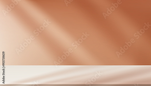 Background Shadow on Wall Studio Room and Podium Stand for Autumn Product Present,Vector Fall Season Banner with Brown Color Display with Sunlight effect on Cement floor Mock up