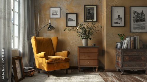 Wallpaper Mural Sunlit corner of a cozy living room with an orange armchair, wooden furniture, and an assortment of framed pictures under natural light. Torontodigital.ca