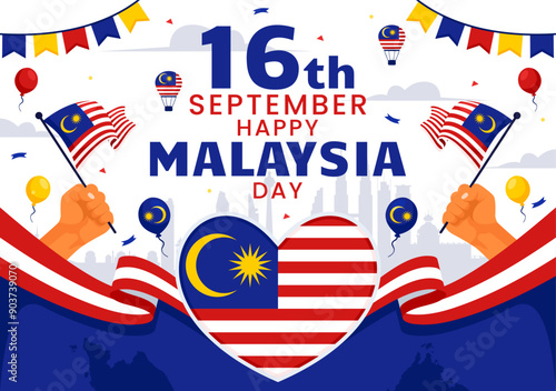 Happy Malaysia Independence Day Vector Illustration on September 16 with Waving Flag and Ribbon in a National Holiday Flat Style Cartoon Background
