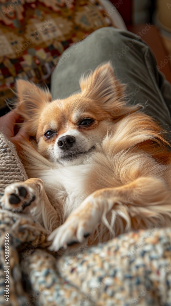 Enchanting Woman Pampering Her Joyful Chihuahua: A Cozy Domestic Scene with a Laptop and Playful Canine Companion. Enchanting Woman Pampering Her Joyful Chihuahua: A Cozy Domestic Scene with a Laptop and Playful Canine Companion.