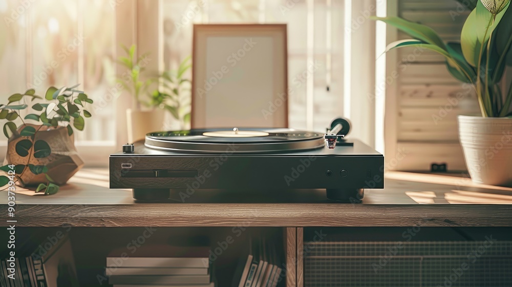 Retro Vinyl Record Player with Blank Poster Mockup on Wall for Album Art Display Retro Vinyl Record Player with Blank Poster Mockup on Wall for Album Art Display