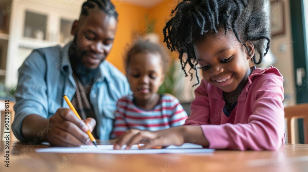 Smiling Girl Drawing with Dad and Sibling Smiling Girl Drawing with Dad and Sibling