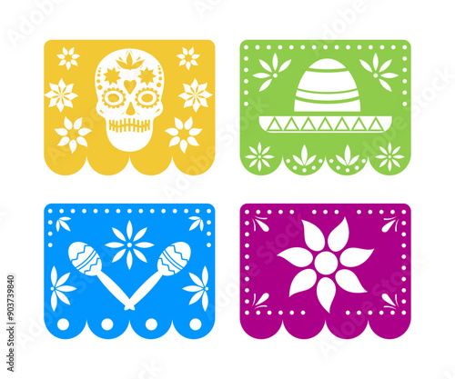 Day of the Dead celebration. Dia de los muetros. Set of papel picado mexican holiday flags. Design elements for fiesta, banner, party, flyer, greeting card. 