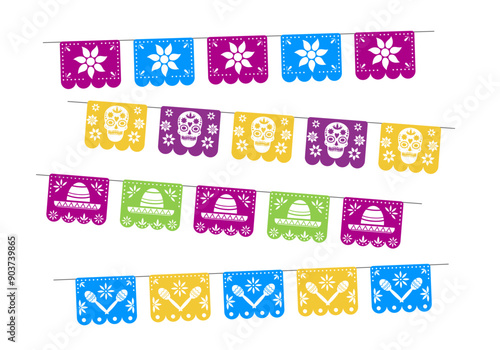 Set of colorful Mexican flags. Decorations for the Day of the Dead. Dia de los muetros. Papel picado. Vector 
elements for design on a white background.  photo