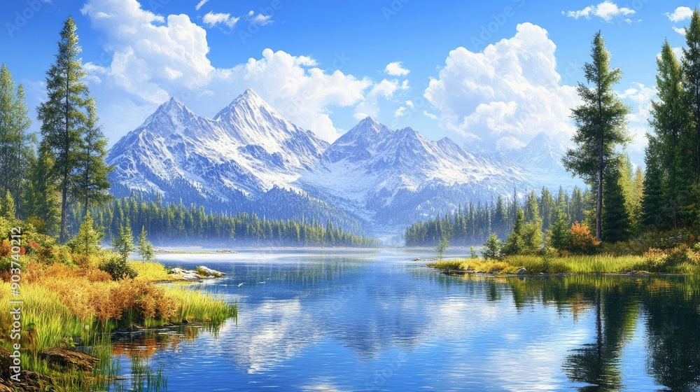 Gorgeous view of a lake and snow-capped mountains under a clear blue sky Gorgeous view of a lake and snow-capped mountains under a clear blue sky
