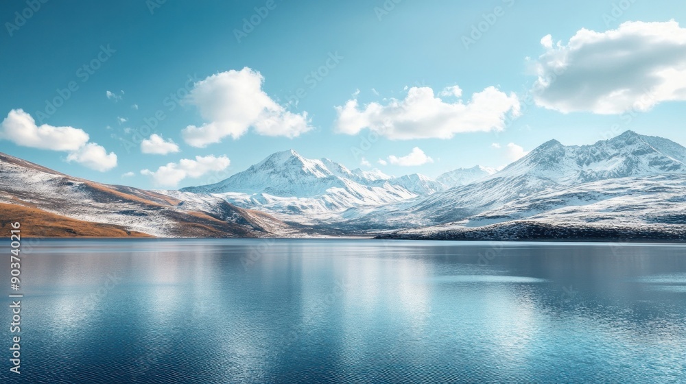 Gorgeous view of a lake and snow-capped mountains under a clear blue sky Gorgeous view of a lake and snow-capped mountains under a clear blue sky