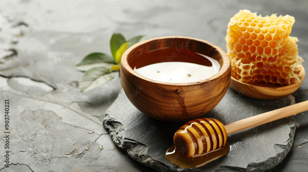 Wooden bowl with fresh, organic and natural honey with a honey stick. Healthy food, copy space. Wooden bowl with fresh, organic and natural honey with a honey stick. Healthy food, copy space.