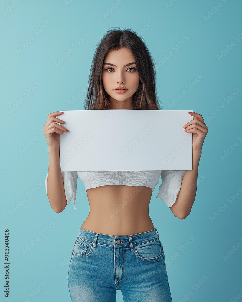 Young woman with long hair holding blank paper against blue background Young woman with long hair holding blank paper against blue background