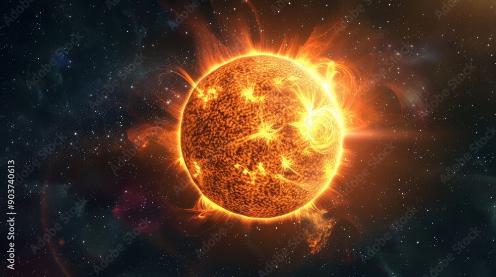 Powerful Sun in space close up. Burning star with plasma emissions in the starry sky. The Sun star in the solar system Powerful Sun in space close up. Burning star with plasma emissions in the starry sky. The Sun star in the solar system