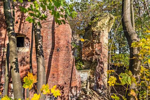 Captivating Lviv Relic: Small Maximilian Tower 3, Ukraine. Abandoned red brick ruins with destroyed walls among the trunks of trees. Autumn sun rays illuminate historical artifact of the Lviv Citadel photo