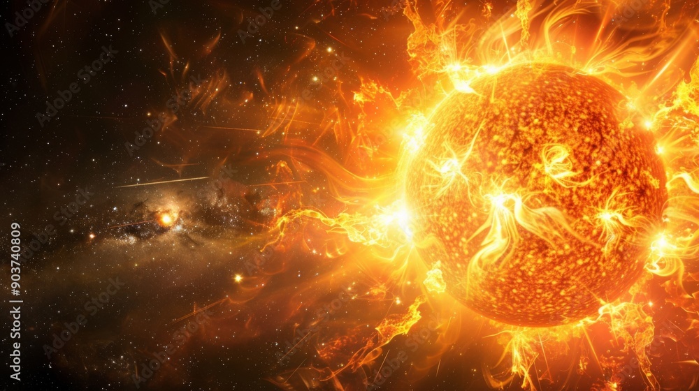 Obraz premium Powerful Sun in space close up. Burning star with plasma emissions in the starry sky. The Sun star in the solar system