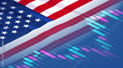 American flag combined with a stock exchange trading chart. Isometric digital concept of the US stock market.