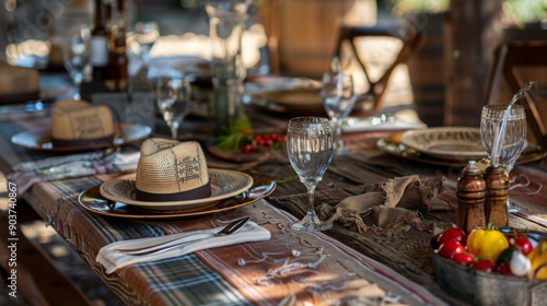 A beautifully arranged outdoor dining table features elegant place settings, glasses, and decorative hats, inviting an intimate gathering in a serene natural setting.