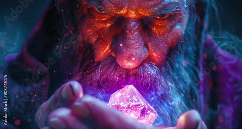 Enraged Sorcerer Holding Glowing Magic Gem Casting Spell Digital Art Fantasy Illustration Night Scene