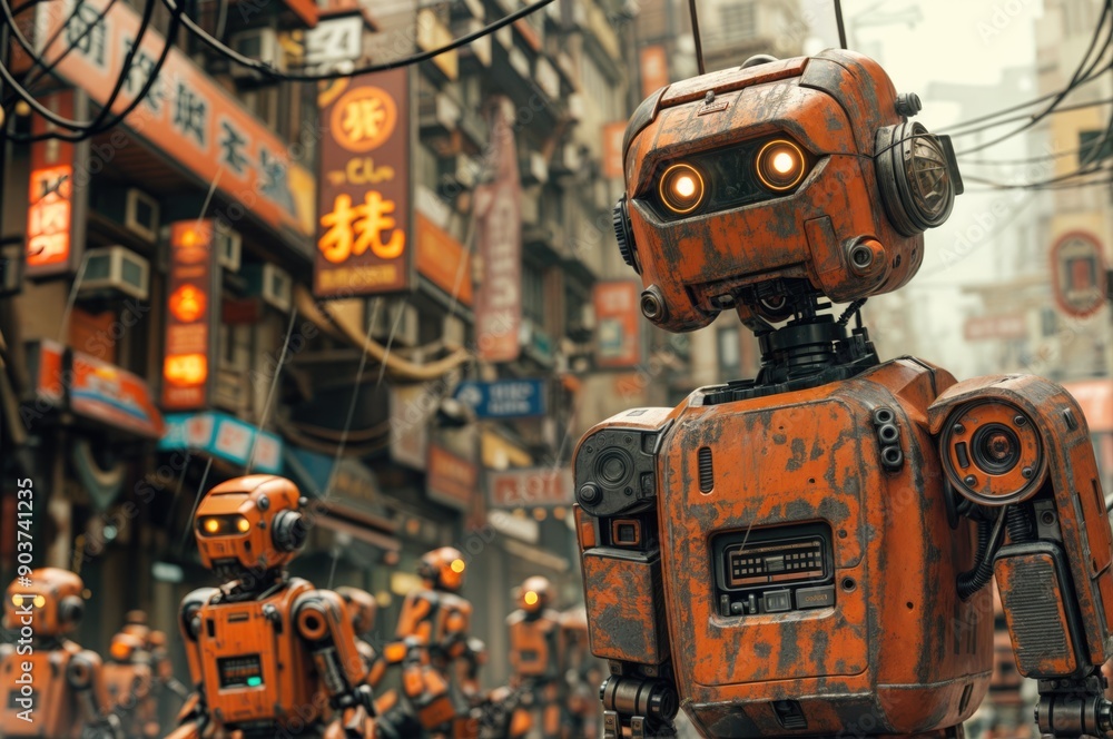 The busy street of a futuristic city is filled with many advanced robots, demonstrating the pinnacle of robotic innovation. The busy street of a futuristic city is filled with many advanced robots, demonstrating the pinnacle of robotic innovation.