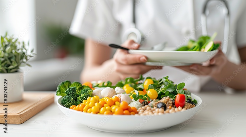 A nutritionist in a white coat preparing a nutritious vegetable salad with colorful fresh ingredients in a bowl. A nutritionist in a white coat preparing a nutritious vegetable salad with colorful fresh ingredients in a bowl.
