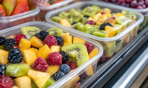 Prepackaged fruit salads in plastic containers displayed, Generative AI photo