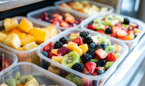 Prepackaged fruit salads in plastic containers displayed, Generative AI photo