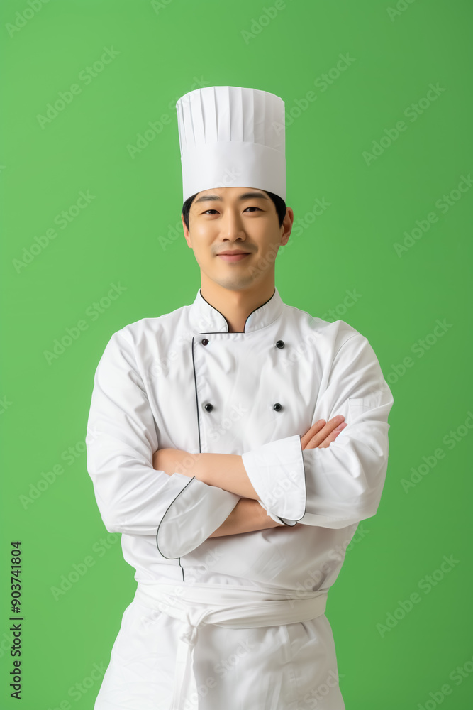 portrait of a man wearing a chef's uniform, standing with his arms crossed, isolated against a green background. The professional pose and attire emphasize culinary expertise, ideal for restaurant
portrait of a man wearing a chef's uniform, standing with his arms crossed, isolated against a green background. The professional pose and attire emphasize culinary expertise, ideal for restaurant