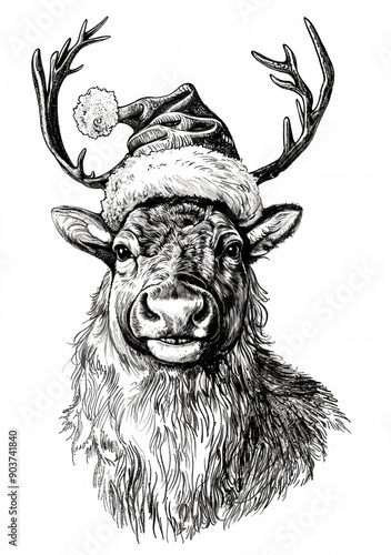 dessin d'un cerf vu de face avec un bonnet de père Noël sur la tête, illustration noir et blanc pour coloriage photo