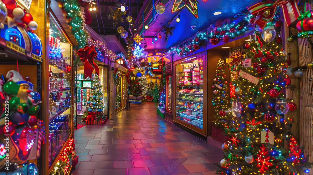 Fototapeta premium Festive retail store decorated for the holidays with colorful lights