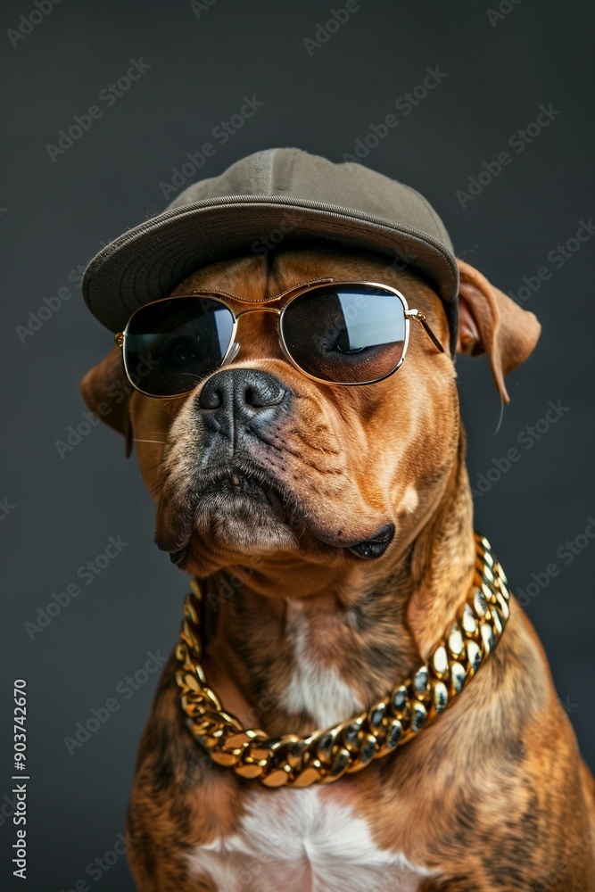Boxer / American Bulldog Mit Mütze Sonnenbrille, und Goldkette. Gangster Style Porträt Boxer / American Bulldog Mit Mütze Sonnenbrille, und Goldkette. Gangster Style Porträt