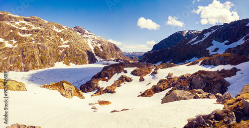 Panoramic view of the frozen mountain lake. Beautiful nature of Norway photo