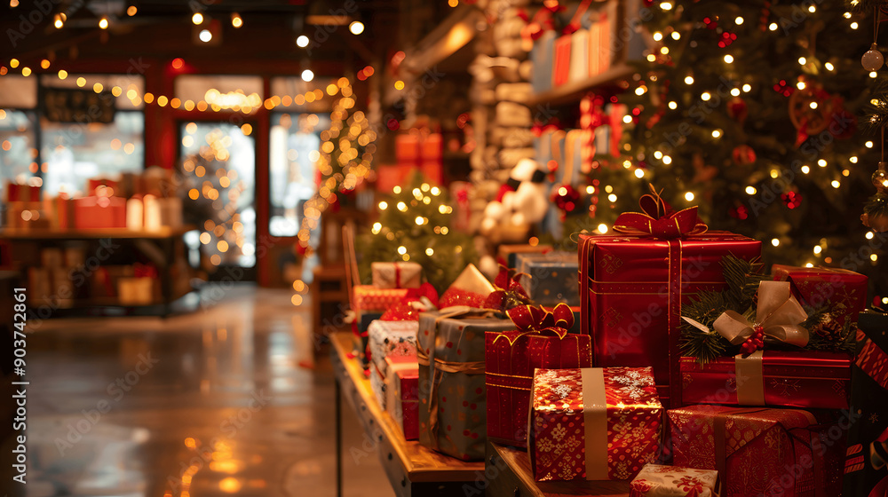 Holiday retail space with wrapped gifts and twinkling lights Holiday retail space with wrapped gifts and twinkling lights