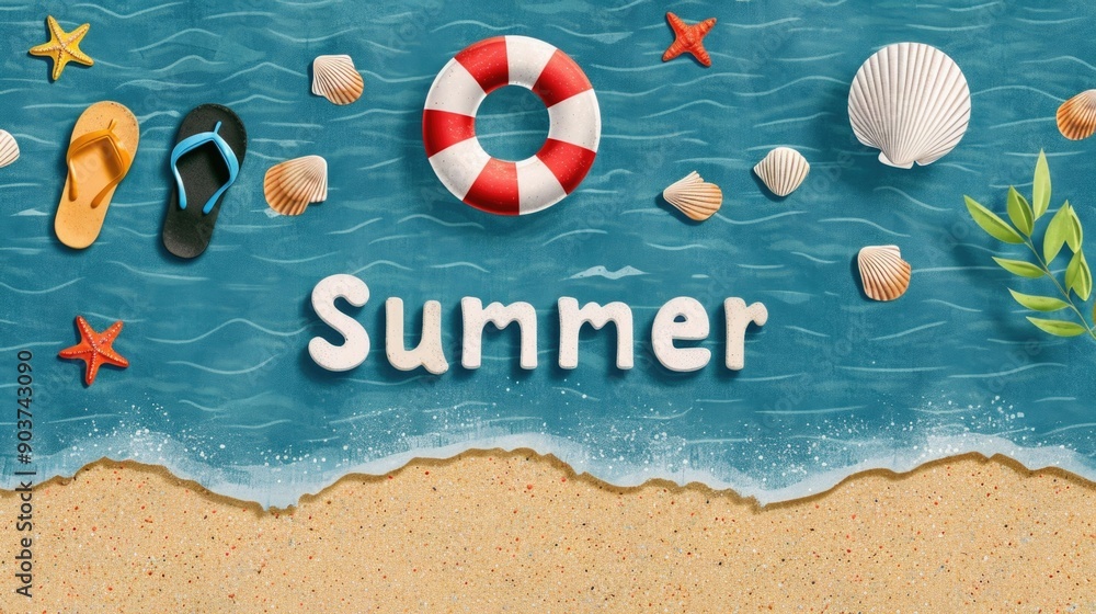 Vibrant summer beach scenery with colorful seashells flip flops and a beach ball against a backdrop of turquoise waves and a sandy shore evoking a sense of relaxation and tropical paradise Vibrant summer beach scenery with colorful seashells flip flops and a beach ball against a backdrop of turquoise waves and a sandy shore evoking a sense of relaxation and tropical paradise