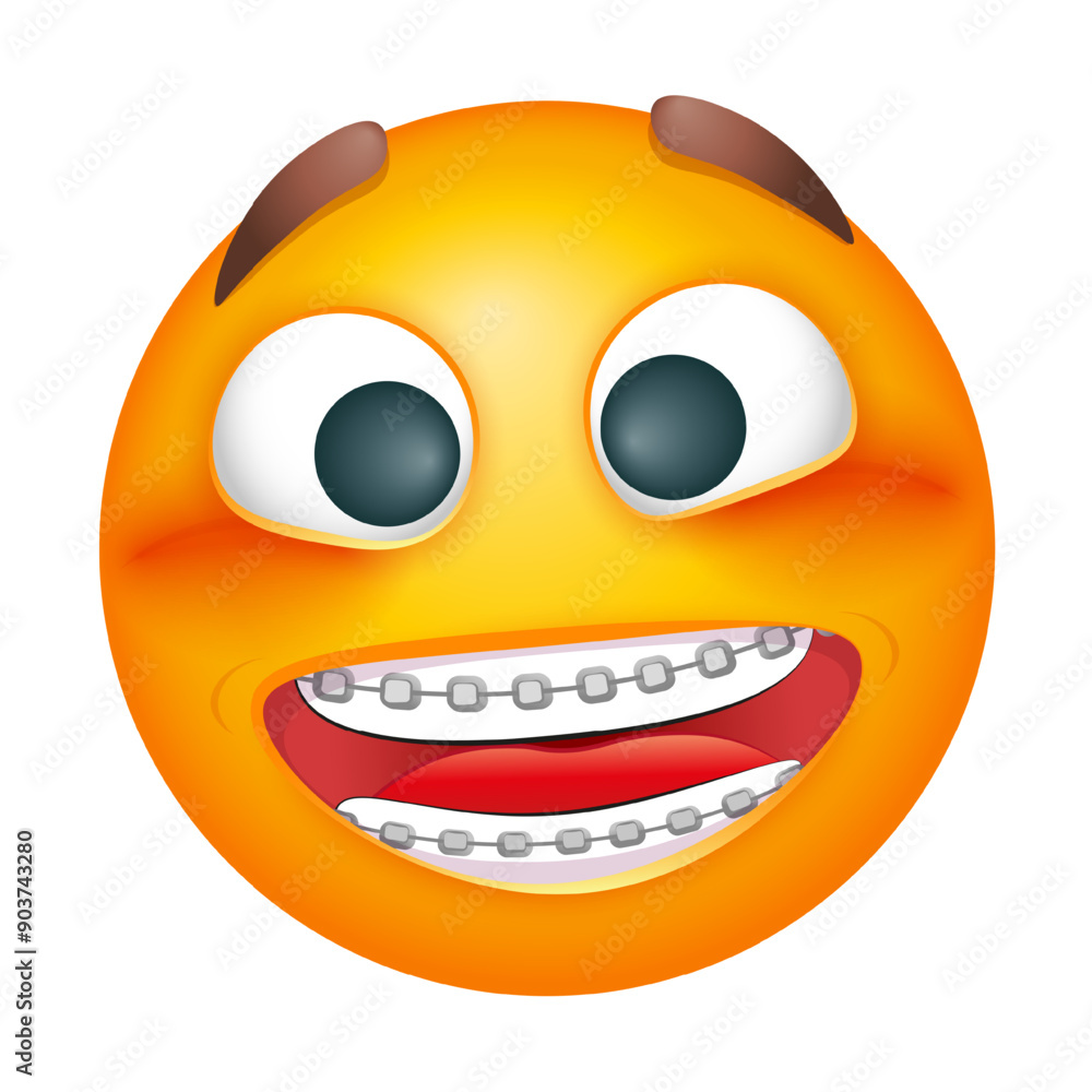 Smiling emoji with dental teeth braces. Emoticon on white background. Cute emoticon Smiling emoji with dental teeth braces. Emoticon on white background. Cute emoticon