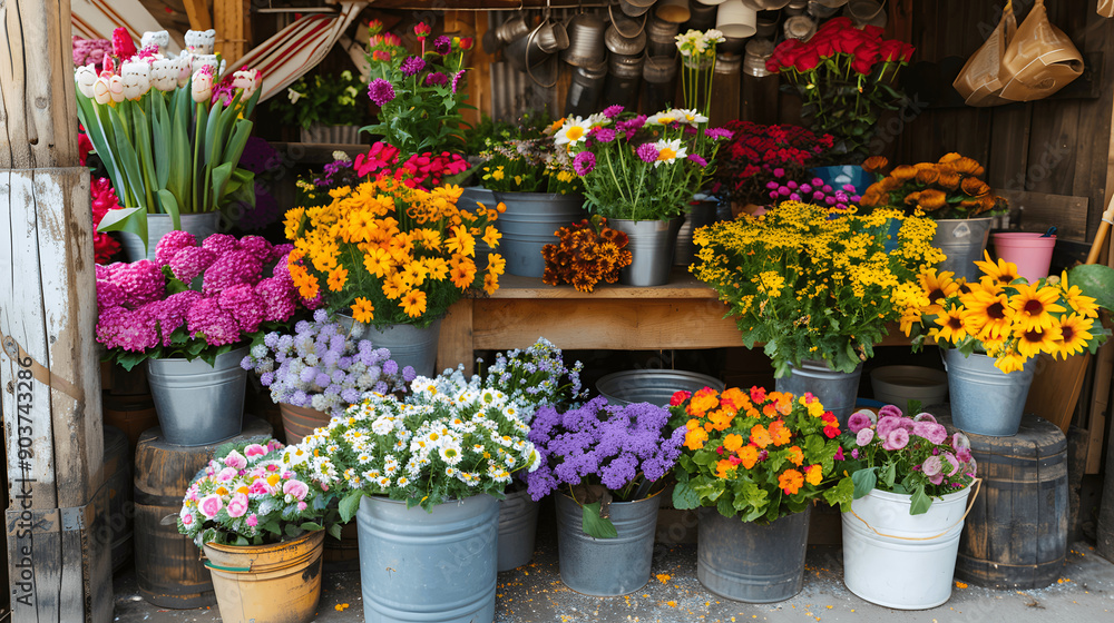 Market stall with fresh vibrant flowers in rustic buckets in a cheerful setting Market stall with fresh vibrant flowers in rustic buckets in a cheerful setting