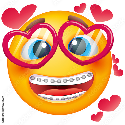 Smiling emoji with dental teeth braces. Emoticon in love on white background. Cute emoticon photo