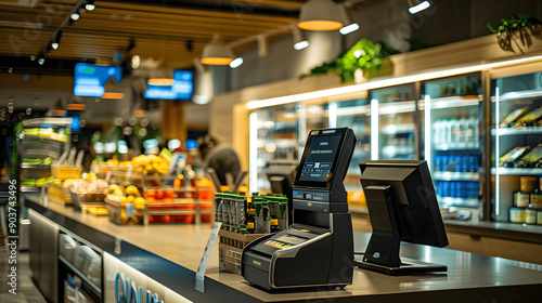 Modern retail store with sleek checkout counters and digital cash registers photo