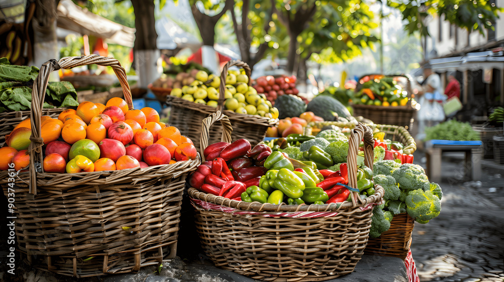Outdoor farmers market with wicker baskets of fresh produce Outdoor farmers market with wicker baskets of fresh produce