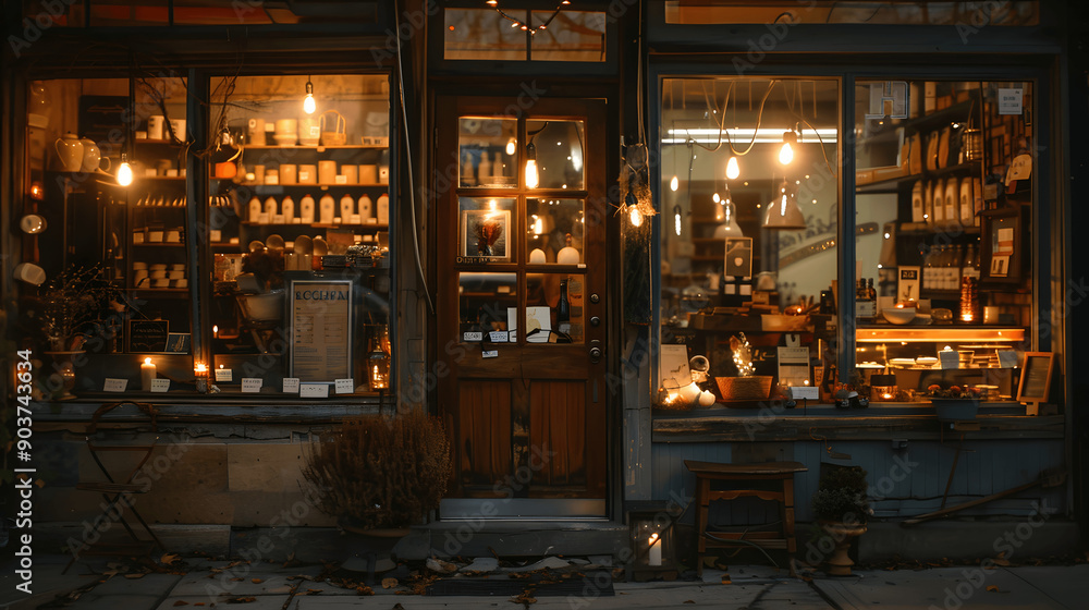 Quaint local shop with charming window display of handcrafted goods Quaint local shop with charming window display of handcrafted goods