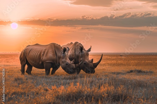 Two northern white rhinos peacefully grazing in a field at sunset