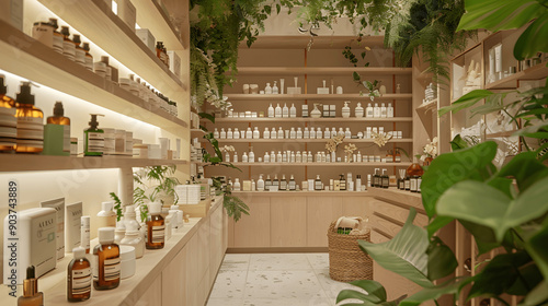 Sustainable beauty shop with natural skincare products and recycled packaging