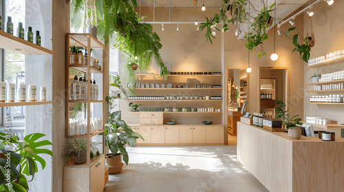 Sustainable beauty shop with natural skincare products and recycled packaging