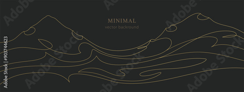 Mountain minimal vector background art. Abstract black background. Sound waves. Gold mountains, The Alps, The Himalayas. Golden waves. Minimalism landscape. Horizontal banner with hills. Mountain peak