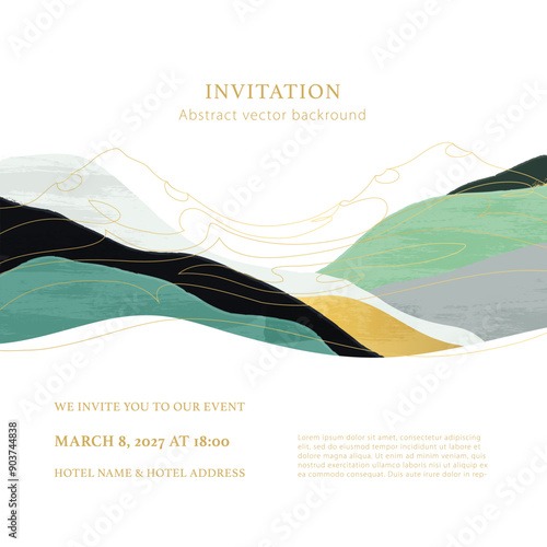 Event, wedding invitation with white background. Vector invitation background with gold text. Mountain art backgrounds. Line art. Minimal premium wedding design template. Watercolor art and gold lines