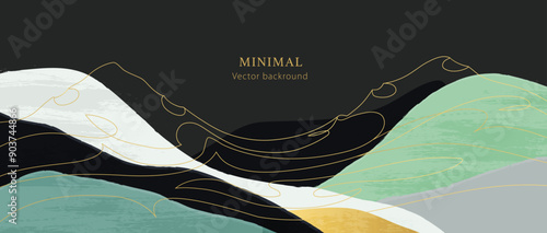 Mountains background vector. Minimal landscape art with watercolor brush and golden line art texture. Abstract premium background. Art wallpaper for prints, Art Decoration, wall arts and canvas prints