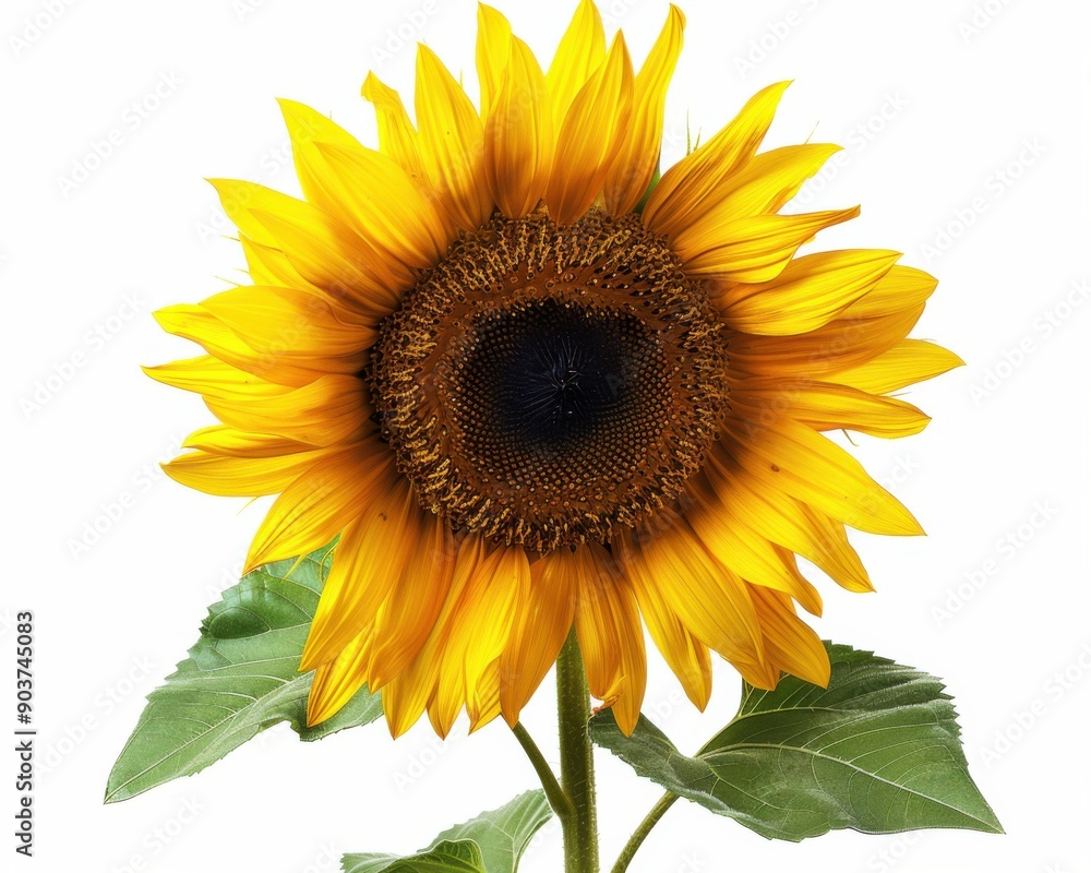 Obraz premium Sunflower Isolated on White Background. Ripe Yellow Petals and Dark Middle