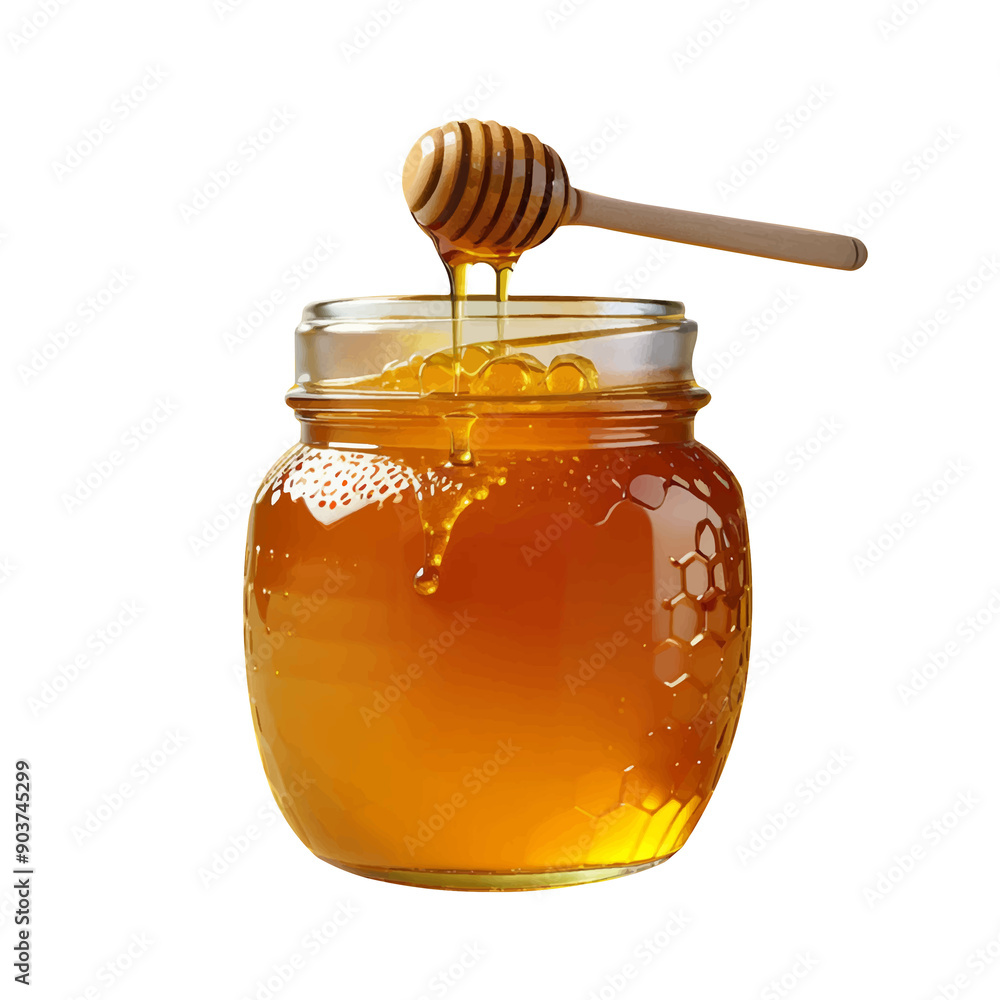 Jar of honey with wooden dipper on a transparent background cutout, PNG file. PNG element. Suitable for artwork design. Jar of honey with wooden dipper on a transparent background cutout, PNG file. PNG element. Suitable for artwork design.