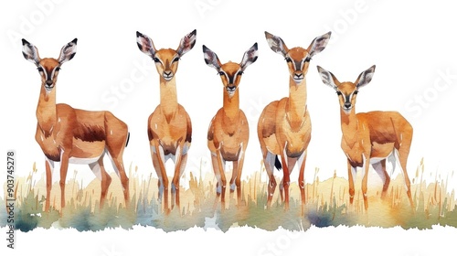 Watercolor of a Graceful and Synchronized Impala Herd Isolated on a White Background with Deep Depth of Field Effect